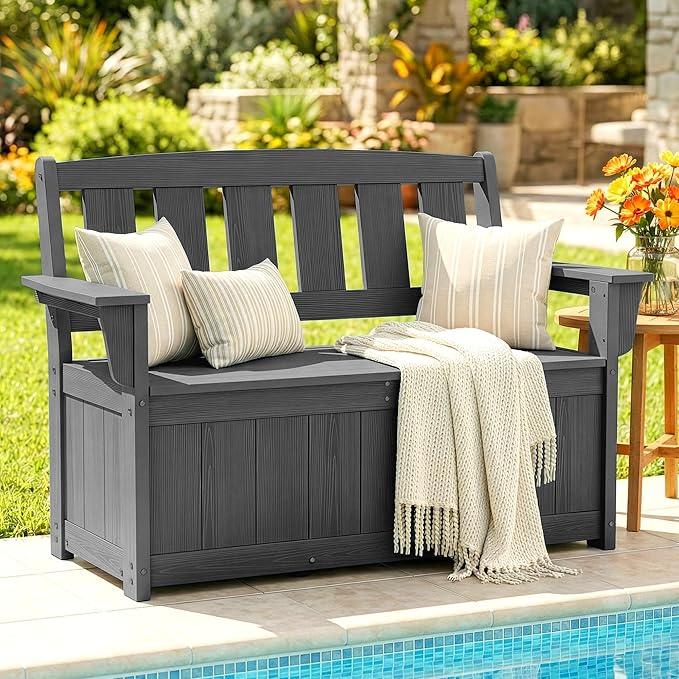 SERWALL HDPE Outdoor Storage Bench, All-Weather, UV-Resistant Deck Box with Waterproof Storage Bags, 57 Gallon Dual-Use Seat & Organizer Deck Boxes for Patio, Garden Tools & Pool (Gray) - Image 2