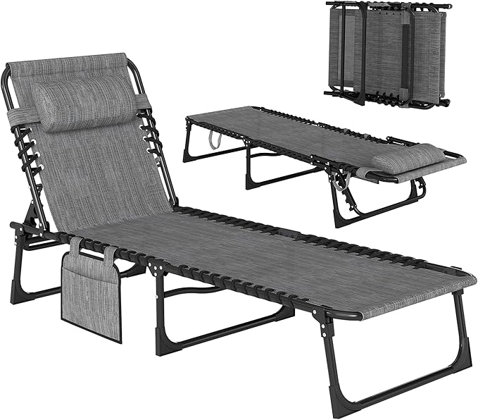 Outsunny Chaise Lounge Chair Outdoor, 5-Position Adjustable Sun Tanning Chair with Carrying Handle and Side Pocket, Folding Bed Cot with Removable Pillow for Garden, Beach, Patio, Pool, Camp, Gray by Outsunny