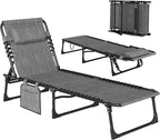 Outsunny Chaise Lounge Chair Outdoor, 5-Position Adjustable Sun Tanning Chair with Carrying Handle and Side Pocket, Folding Bed Cot with Removable Pillow for Garden, Beach, Patio, Pool, Camp, Gray by Outsunny