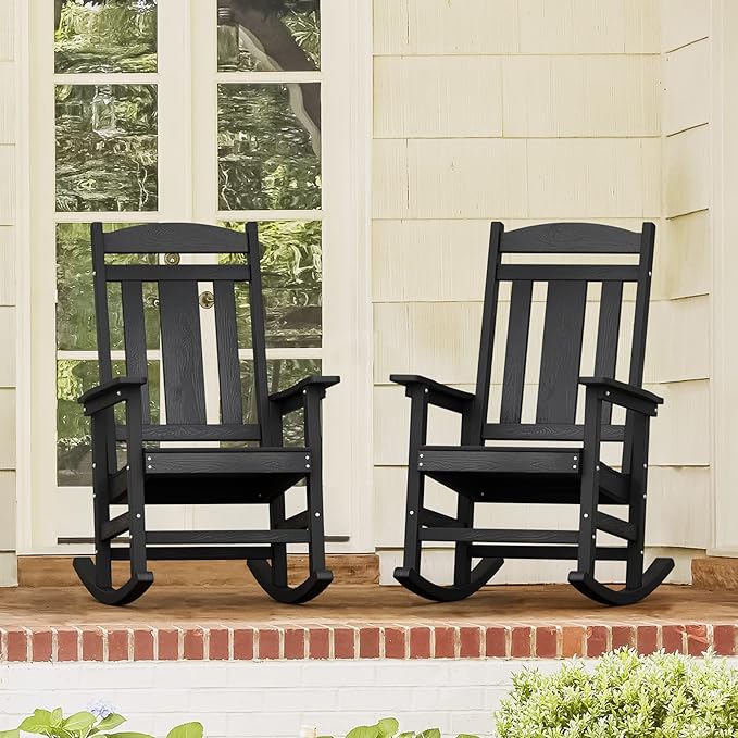 LUE BONA Outdoor Rocking Chairs Set of 2, Weather Resistant Poly Plastic Rocker, 350lb Heavy Duty, Oversized Porch Rocker for Adult, High Back Smooth for Outdoor & Indoor, Black - Image 3