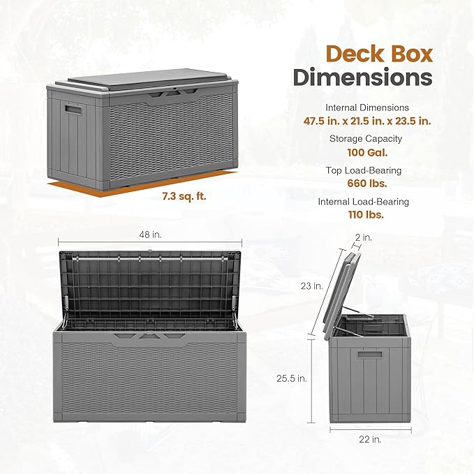 Greesum 100 Gallon Resin Deck Box Large Outdoor Storage with Cushions for Patio Furniture, Garden Tools, Pool Supplies, Weatherproof and UV Resistant, Lockable,Gray - Image 3