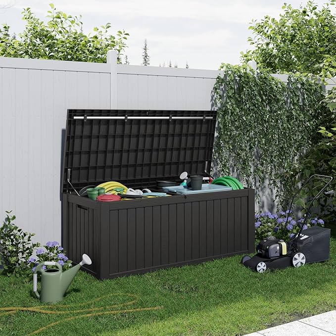 ROJIK Outdoor Storage Housing Deck Box - Waterproof Patio Furniture, Garden Tools, Cushions, Pool Accessories Storage Bench with Lockable Lid and Side Handles (Black 158 Gal) - Image 7
