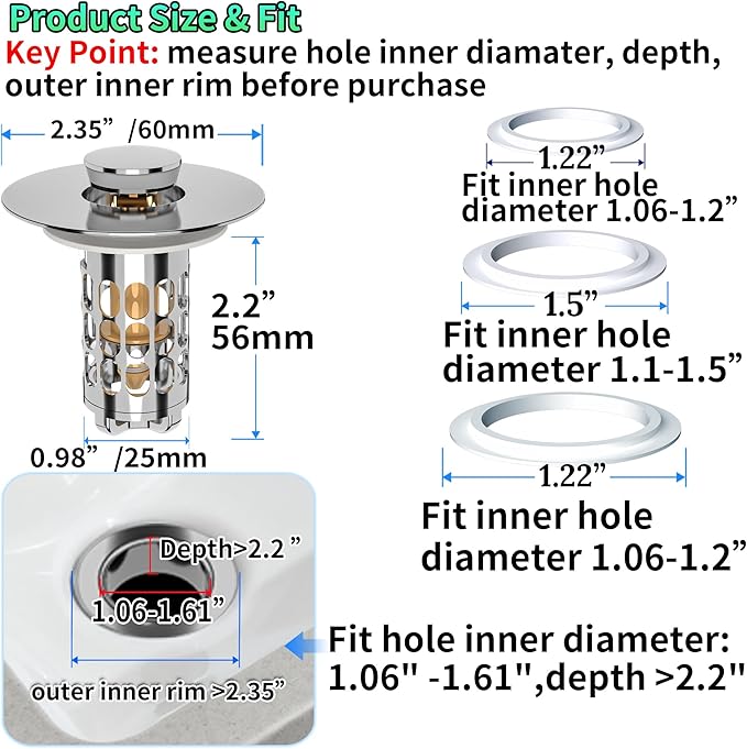 Bathroom Sink Stopper Drain Hair Catcher, 3 in 1 Bathroom Sink Drain Strainer - Image 6