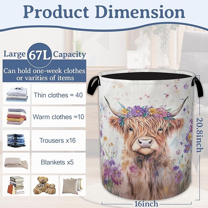 Highland Cow Laundry Basket, Foldable Oxford Cloth Flower Funny Laundry Hamper - Image 2