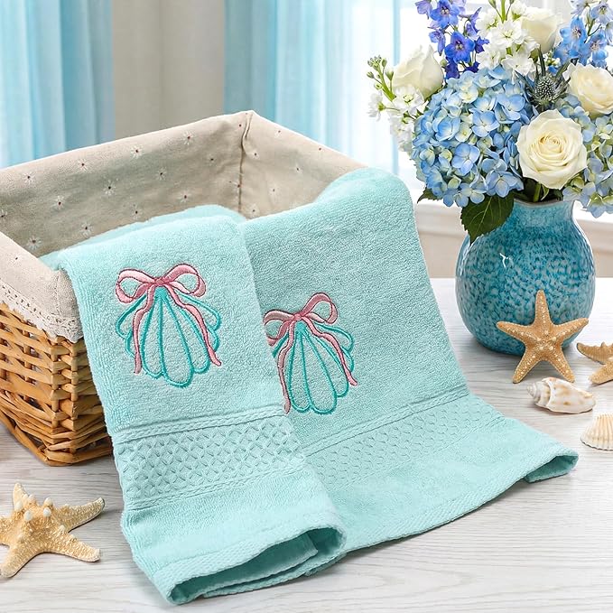 2 Pcs Shell Hand Towels Mint Blue Bathroom Decor 14x29 Inch Embroidered 100% - Image 4