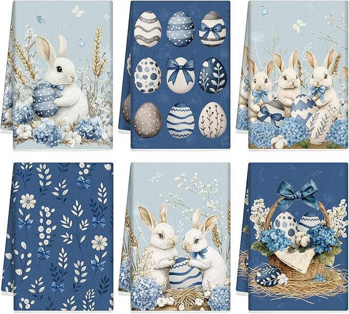 Breling Set of 6 Easter Decorations Easter Kitchen Towels Blue Rabbits Bunny by Breling