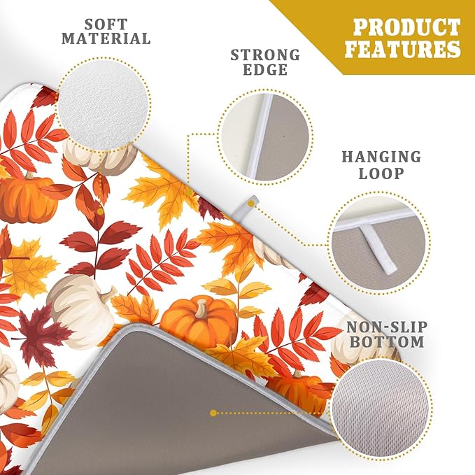 Fall Dish Drying Mat for Kitchen Counter Watercolor Pumpkins Autumn Leaves - Image 4