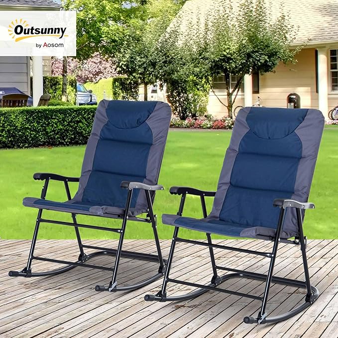 Outsunny Oversized Folding Rocking Camping Chair Set of 2, Padded Outdoor Rockers with High Back and Armrests, Portable Outdoor Patio Chairs with Steel Frame for Garden, Porch, Lawn, Navy Blue - Image 2