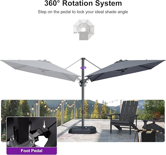PURPLE LEAF 8' X 8' Tilting Patio Umbrella with Base Outdoor Cantilever Swivel Square Umbrella with Tilt Aluminum Offset Umbrella with 360-degree Rotation for Garden Deck Pool Patio Light Grey - Image 7