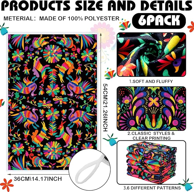 Breling Set of 6 Mexican Kitchen Towels Colorful Flowers Mexican Themed Dish - Image 2