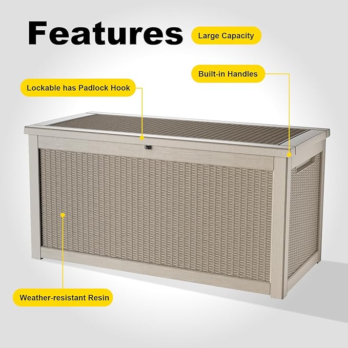 DRATO 320 Gallon Deck Box, Outdoor Large Waterproof Resin Storage Box with Lockable Lid for Patio Cushions, Gardening Tools（Gray，320 Gallon） - Image 7