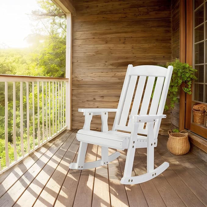 VINGLI Outdoor Rocking Chair Set of 2, Heavy Duty 600 LBS Wooden Rocking Chair with Comfortable Backrest, Weatherproof Rocker with Ergonomic Design, Suit for Patio, Garden, Yard, White - Image 2