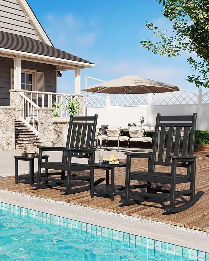 GarveeLife Poly Lumber Rocking Chair Outdoor Set of 4 - HDPE High Back Porch Rocker Chairs for Adults - All Weather Resistant Furniture for Patio - Black - Image 6