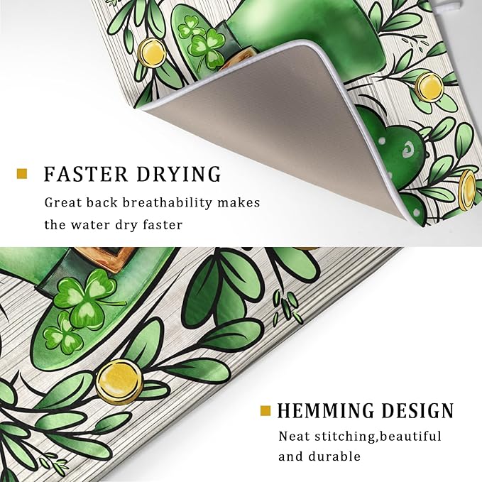 St Patrick's Day Shamrock Dish Drying Mat 18x24 inch Eucalyptus Leaves Dishes - Image 3