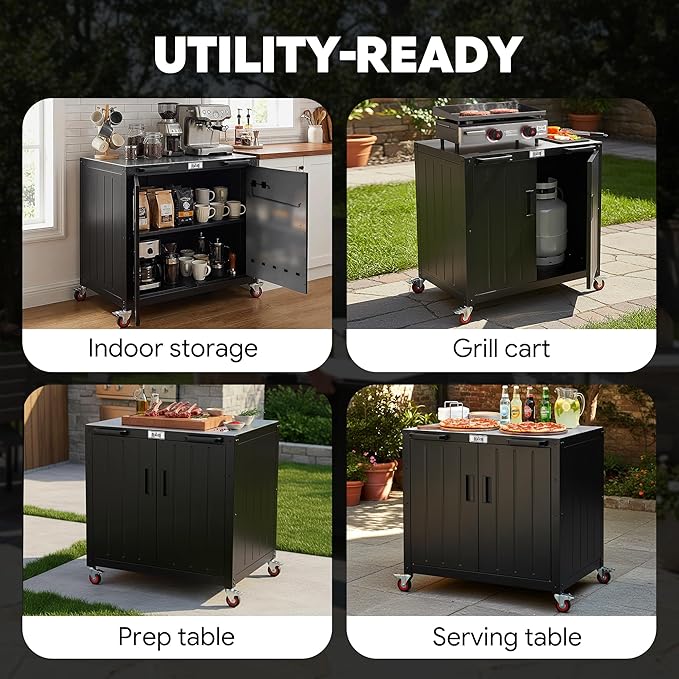 Outdoor Grill Cart with Storage Cabinet and Stainless Steel Top, 35-Inch Outdoor Grill Station with Door, Modular Kitchen Island for Food Prep and BBQ, Black & Silver - Image 9