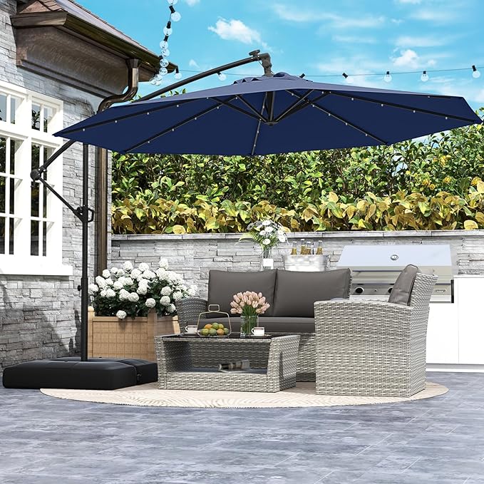 Tangkula 10ft Solar LED Patio Umbrella with Base, Offset Cantilever Outdoor Umbrella with 32 LED Lights, Infinite Tilt, 360 Degree Rotation, Crank Handle for Pool Deck Garden Backyard (Navy) - Image 3