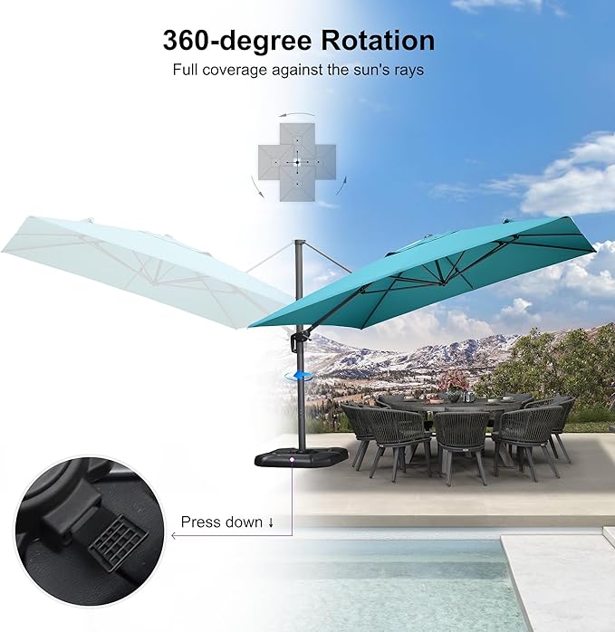 PURPLE LEAF 11.5' X 11.5' Telescopic Patio Umbrella with Base Included Lifting Cantilever Offset Square Large Umbrella for Pool Outdoor Patio Deck Garden Turquiose - Image 6