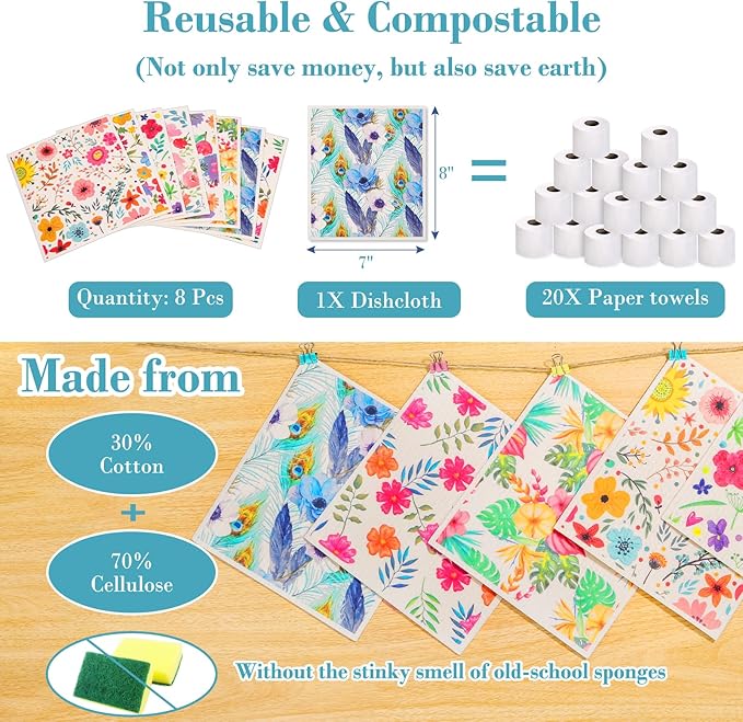 Lucomb Swedish Dishcloths for Kitchen Dishes, 8 Pack Reusable Cleaning Cloths - Image 2