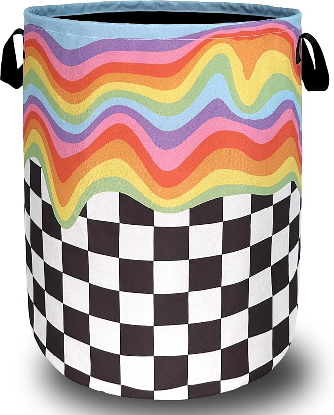 Rainbow Grey White Plaid Laundry Hamper Colorful Hippie Funny Laundry Basket by SELIONLIKN