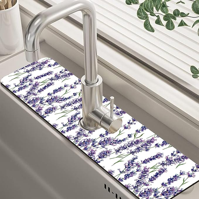 Watercolor Lavender Bunches Kitchen Sink Splash Guard Mat Absorbent Fast Drying by Unknown