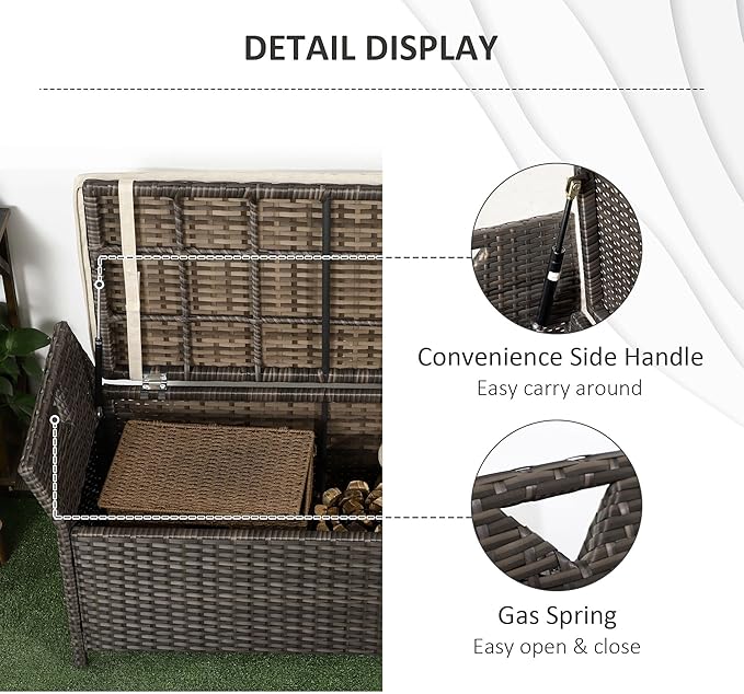 Outsunny 29 Gallon Patio Wicker Storage Bench, Outdoor PE Rattan Patio Furniture, 2-in-1 Large Capacity Rectangle Garden Storage Box with Handles and Cushion, Red - Image 7