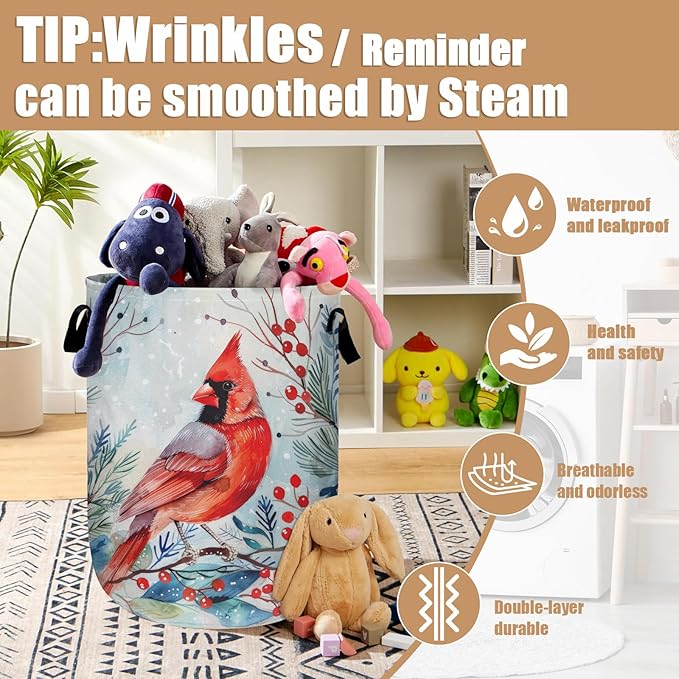 Watercolor Red Bird Laundry Basket, Foldable Winter Cardinal Laundry Hamper - Image 5
