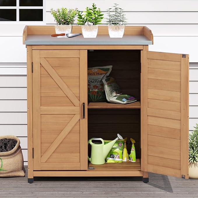Outdoor Storage Cabinet & Potting Bench Table with Metal Top, Wooden Patio Furniture, Garden Workstation (Light Brwon, 39x31.5x17in) - Image 7