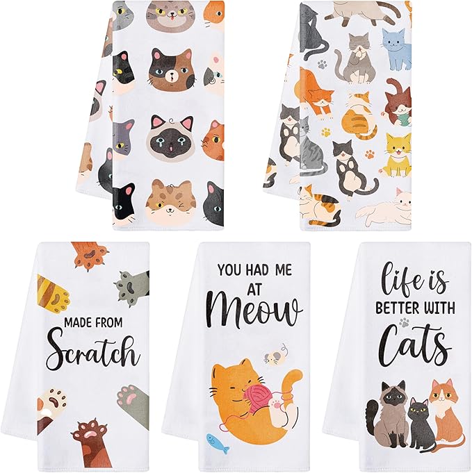 R HORSE 5Pcs Funny Kitchen Dish Towels, Cute Cat Dishcloths Gift, Absorbent by RHORSE