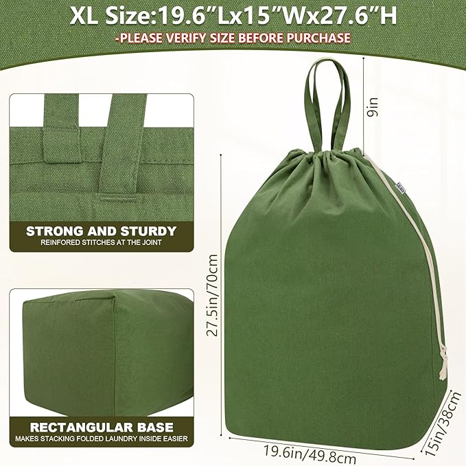 Canvas Laundry Bags with Handles & Rectangular Base, Washable Cotton Drawstring - Image 3