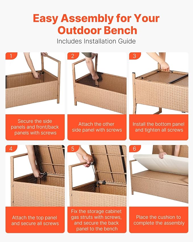 VEVOR Outdoor Storage Bench, 2-Person PE Rattan Storage Bench, 70 Gal Deck Box with Cushion, Supports up to 265 lbs, Weatherproof Outdoor Seating & Porch Decor for Patio Garden Balcony Yard - Image 7
