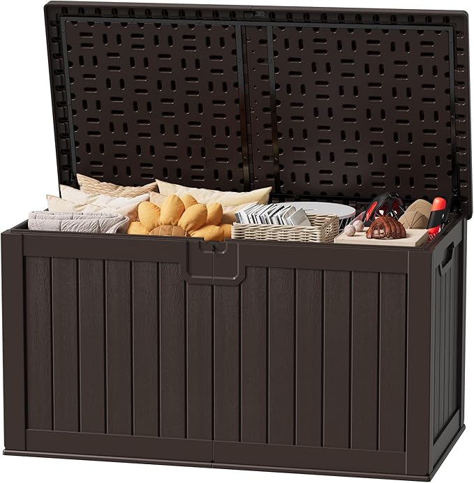 JUMMICO 250 Gallon Outdoor Resin Deck Box with Divider, Waterproof Storage Box with Lockable Lid&Side Handles for Garden Tools, Pools Supplies (Brown) by JUMMICO