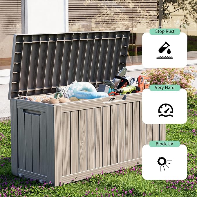ROJIK Outdoor Storage Housing Deck Box - Waterproof Patio Furniture, Garden Tools, Cushions, Pool Accessories Storage Bench with Lockable Lid and Side Handles (Grey, 80 Gal) - Image 6