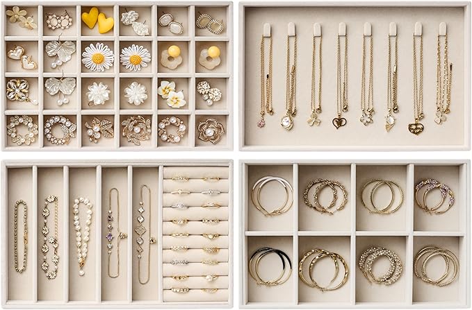 Velvet Jewelry Drawer Organizer Trays – Large Beige Stackable Jewelry Storage by pickpiff