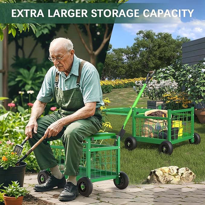 FLINTER Rolling Garden Work Seat with Wheels, Upgraded Heavy Duty Gardenning Cart with Seat - Garden Rolling Stools with Wheels for Seniors, Lawn, Patio & Backyard Gardening, Green - Image 3