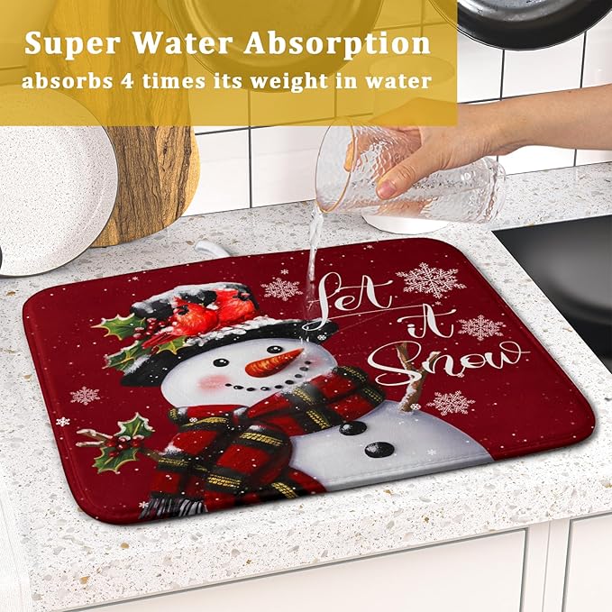 Christmas Dish Drying Mat for Kitchen Counter Snowman Let It Snow Microfiber - Image 7