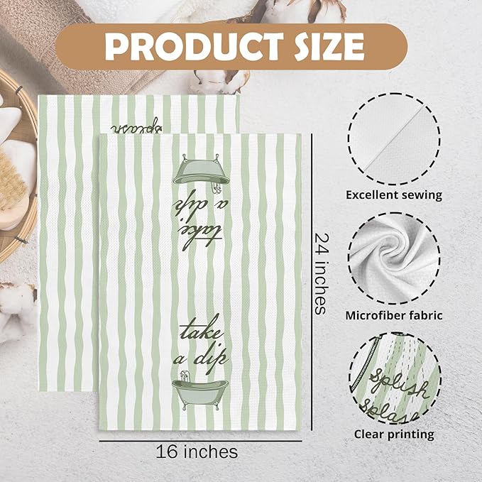 Sage Green Hand Towels for Bathroom Set of 2, Splish Splash Bathtub Dish Tea - Image 7