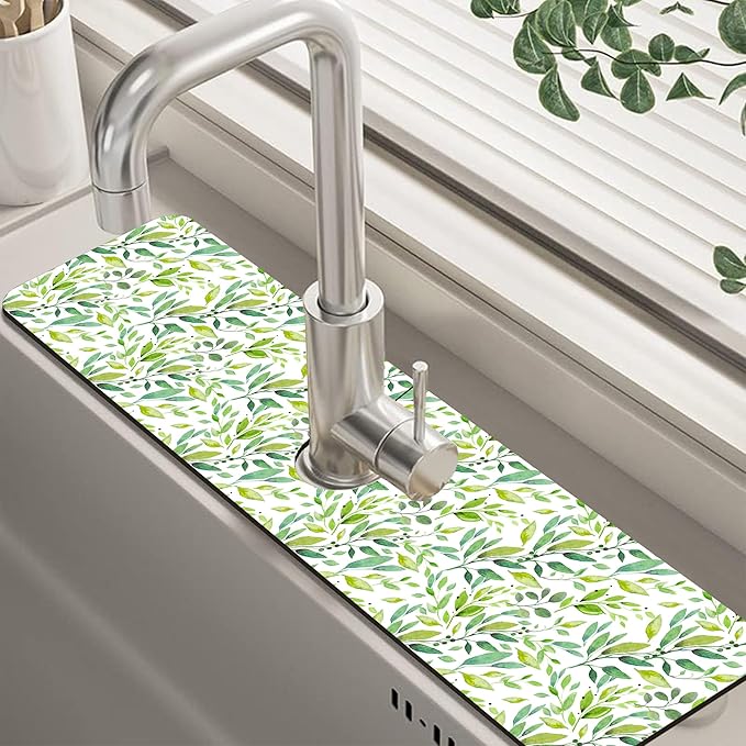 Tropical Eucalyptus Leaves Kitchen Sink Splash Guard Mat Absorbent Fast Drying by Unknown