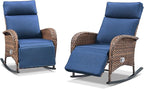 Zero Gravity Patio Rocking Wicker Recliner Chairs Set of 2- Wicker Outdoor Lounge Chair with Adjustable Backrest & Footrest, All Weather Reclining Rocker Chairs with Thick Cushion for Pool Deck Blue - Image 7