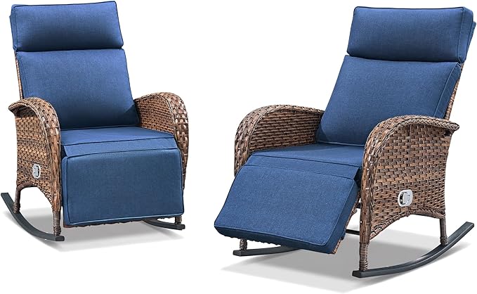 Zero Gravity Patio Rocking Wicker Recliner Chairs Set of 2- Wicker Outdoor Lounge Chair with Adjustable Backrest & Footrest, All Weather Reclining Rocker Chairs with Thick Cushion for Pool Deck Blue - Image 7