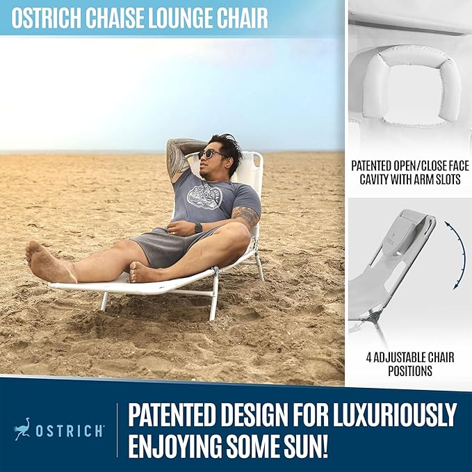 Ostrich 72 by 22 Inch Versatile Chaise Lounge Portable Reclining Lounger, Outdoor Patio, Beach, Lawn, Camping, or Pool Tanning Chair, White - Image 4