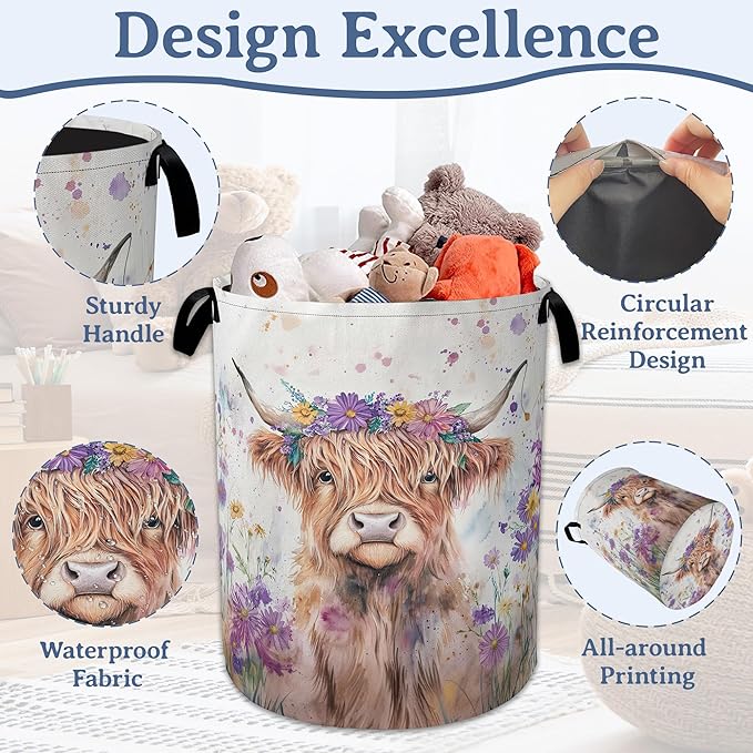 Highland Cow Laundry Basket, Foldable Oxford Cloth Flower Funny Laundry Hamper - Image 4