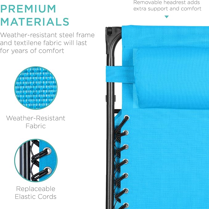Best Choice Products Folding Zero Gravity Outdoor Recliner Patio Lounge Chair w/Adjustable Canopy Shade, Headrest, Side Accessory Tray, Textilene Mesh - Light Blue - Image 6