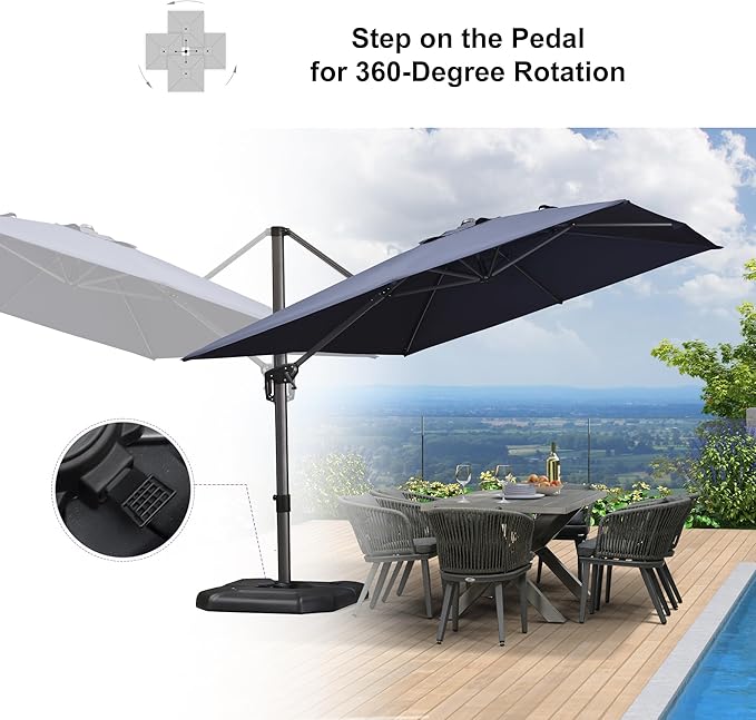 PURPLE LEAF 9'×11.5' Cantilever Patio Umbrella with Base Rectangle Offset Outdoor Umbrella Cover with Zipper for Garden Deck Pool Navy Blue - Image 5