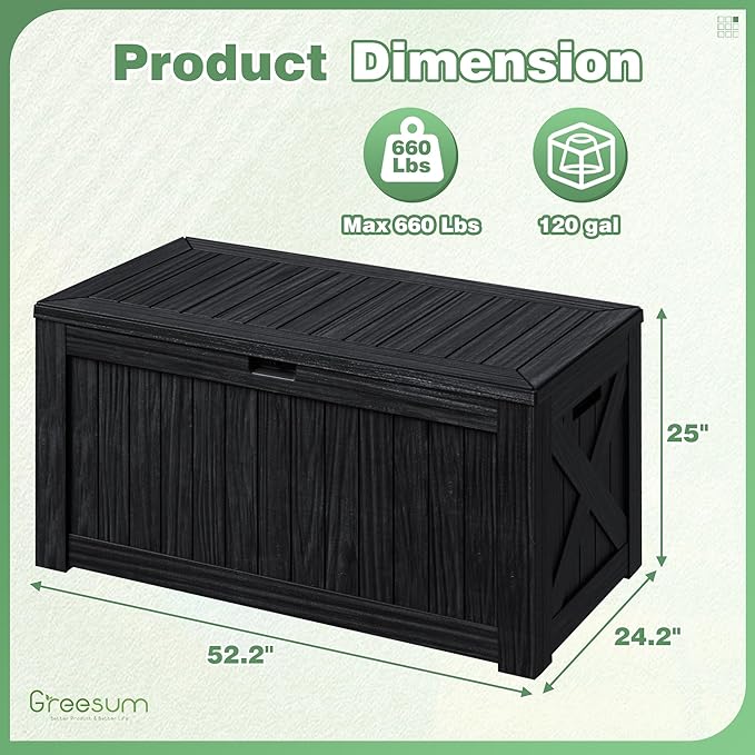 Greesum Outdoor Storage Box 120 Gallon Storage Bin with Lid for Patio Furniture, Garden Tools, Pool Supplies, Lockable, Waterproof and UV Resistant, Black - Image 4