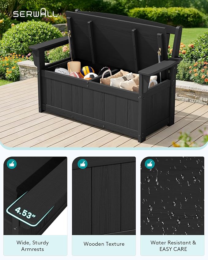 SERWALL HDPE Outdoor Storage Bench, All-Weather, UV-Resistant Deck Box with Waterproof Storage Bags, 57 Gallon Dual-Use Seat & Organizer Deck Boxes for Patio, Garden Tools & Pool (Matte Black) - Image 5