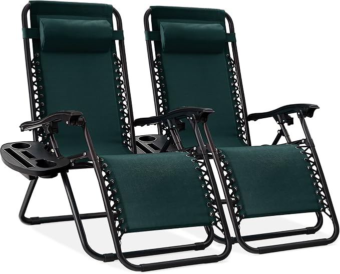 Best Choice Products Set of 2 Adjustable Steel Mesh Zero Gravity Lounge Chair Recliners w/Pillows and Cup Holder Trays - Forest Green by BestChoiceProducts