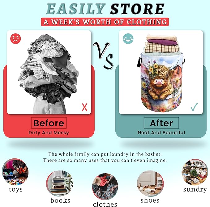 Highland Cow Laundry Basket Floral Farm Foldable Funny Laundry Hamper Oxford - Image 3