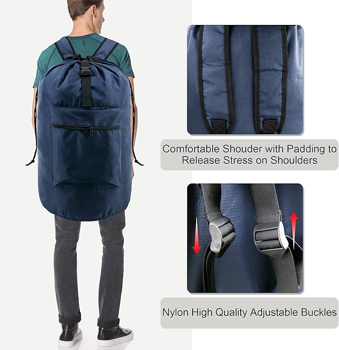 BeeGreen Navy Blue Travel Laundry Bag w Drawstring & Handle College Dorm Room - Image 4