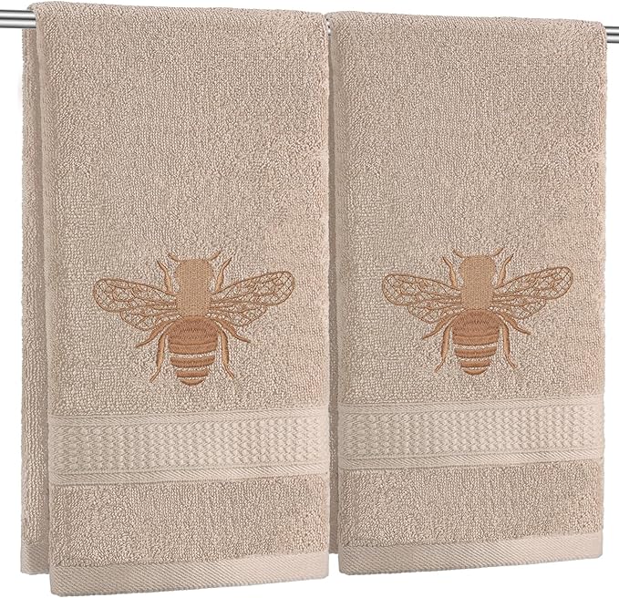 2 Pcs Bee Hand Towels Brown Bathroom Decor 14x29 Inch Embroidered 100% Cotton by SmoothNovelty