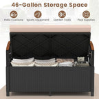 RELAX4LIFE Wicker Outdoor Storage Bench, Rattan Deck Box w/Protective Liner for Patio Furniture Pillows & Garden Tools, Porch Loveseat with Seat Cushion, Acacia Wood Armrests (Black-Beige) - Image 2